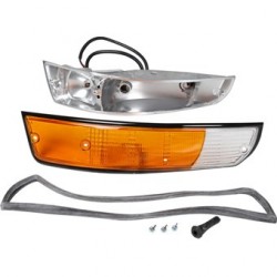 Turn signal light with black rim complete with metal housing, front, left, with E-mark