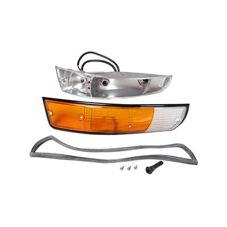 Blinkleuchte mit schwarzez Rand komplett mit Metallgehäuse, vorne, links, mit E-Marke